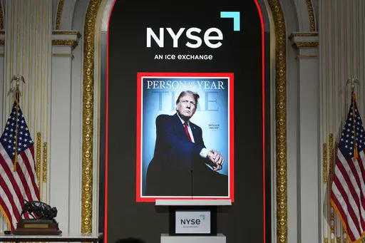 The cover of Time magazine's Person of the Year shows President-elect Donald Trump before a ceremony he will attend at the New York Stock Exchange in New York, Thursday, Dec. 12, 2024. (AP Photo/Alex Brandon)