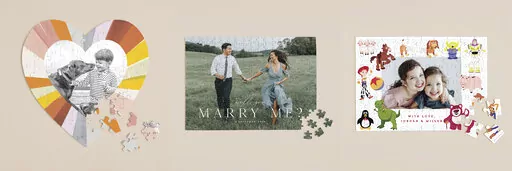 This combination of images shows a variety of personalized puzzles offered by Minted. There are square and heart-shaped layouts, and you can pick black & white or color reproductions. It’s a nice way to celebrate family moments. (Minted via AP)