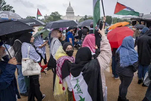People hold Palestinian flags while attending a pro-Palestinian rally, Saturday, May 18, 2024, on the National Mall near the Capitol in Washington. (AP Photo/Jacquelyn Martin)