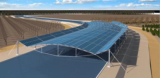 This artist’s rendering provided by Solar AquaGrid, shows a wide-span solar canal canopy being piloted in California’s Central Valley. Solar AquaGrid and partners are preparing to break ground in the fall of 2023 on the first solar-covered-canal project in the United States. Solar panels are installed over canals in sunny, water-scarce regions where they make electricity and reduce evaporation. (Solar AquaGrid via AP)