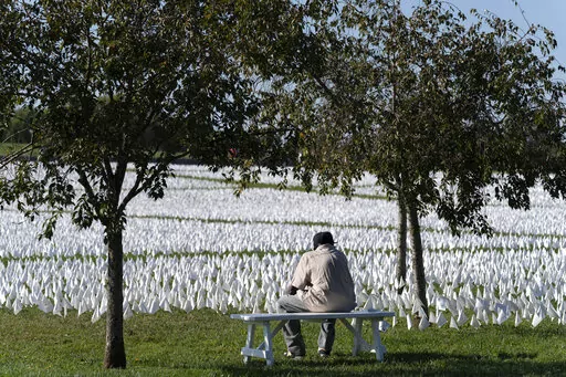 A visitor sits on a bench to look artist Suzanne Brennan Firstenberg's "In America: Remember," a temporary art installation made up of white flags to commemorate Americans who have died of COVID-19, on the National Mall in Washington on Oct. 2, 2021. The number of U.S. deaths has dropped in 2022 after soaring for two years during the COVID-19 pandemic, but it still is much higher than the levels before the coronavirus hit. (AP Photo/Jose Luis Magana, File)