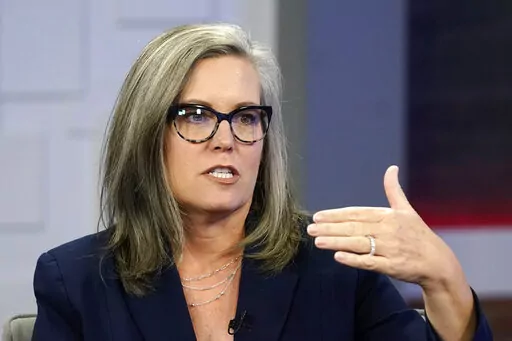 Democratic gubernatorial candidate Katie Hobbs speaks on the set of "Arizona Horizon"  in Phoenix, Oct. 18, 2022. Hobbs has been elected Arizona governor, defeating Kari Lake, an ally of Donald Trump who falsely claimed the 2020 election was rigged and refused to say she would accept the results of her race this year. (AP Photo/Ross D. Franklin, File)