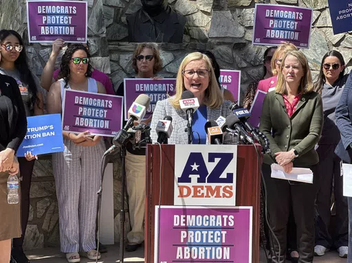 Phoenix Mayor Kate Gallego speaks to reporters at the state Capitol in Phoenix on April 9, 2024. The near-total abortion ban resurrected last week by the Arizona Supreme Court dates to 1864, a time when gold-seekers were moving in, dueling had to be regulated and the U.S. Army was forcibly removing Native Americans from their land. The law's revival is just the latest instance of long-dormant restrictions influencing current abortion policies after the overturning of Roe v. Wade. (AP Photo/Jonat