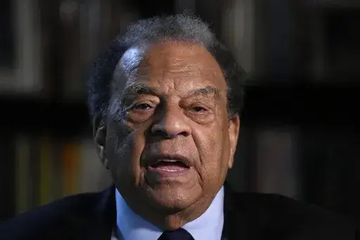 Civil Rights icon Andrew Young speaks during an interview with The Associated Press, Aug. 16, 2023, in Atlanta. The life, achievements and contributions of Young, the first African-American U.S. ambassador to the United Nations and an invaluable aide to the Rev. Dr. Martin Luther King Jr., go on display Tuesday, June 25, 2024, at the University of Mississippi. (AP Photo/Brynn Anderson, File)