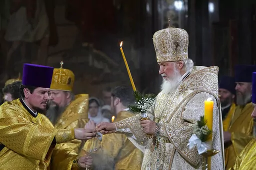 Russian Orthodox Patriarch Kirill delivers a Christmas service in the Christ the Saviour Cathedral in Moscow, Russia, Friday, Jan. 6, 2023. Orthodox Christians celebrate Christmas on Jan. 7, in accordance with the Julian calendar. (AP Photo/Alexander Zemlianichenko, Pool)