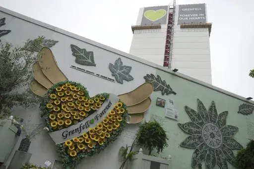 A general view of the remains of Grenfell Tower, after a fire in June, 2017, in London, Monday, Sept. 2, 2024, in which 72 people were killed. (AP Photo/Kin Cheung)