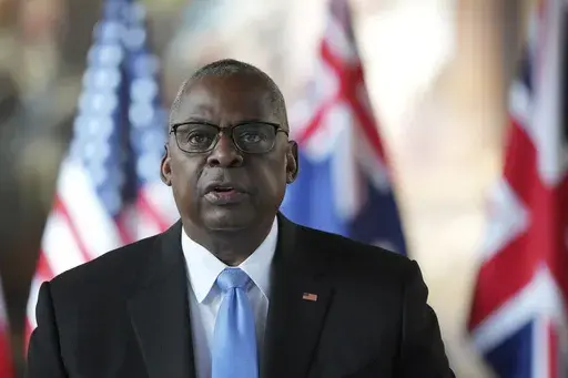 Secretary of Defense Lloyd Austin speaks in Greenwich, London, Sept. 26, 2024. (AP Photo/Kin Cheung, Pool, File)
