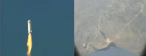 This image provided by Blue Origin shows a split screen of the New Shepard rocket before a launch failure on Monday, Sept. 12, 2022. Jeff Bezos' rocket company has suffered its first launch failure. No one was aboard, only science experiments. The Blue Origin rocket veered off course over West Texas about 1 1/2 minutes after liftoff Monday. (Blue Origin via AP)