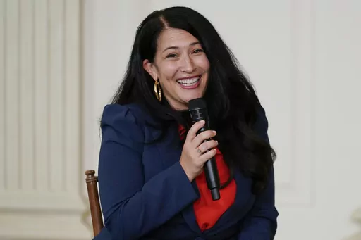 Ada Limón, 24th Poet Laureate of the United States, speaks during an event for the Class of 2022 National Student Poets at the White House in Washington Tuesday, Sept. 27, 2022. Limón, is launching her intended signature project in April 2024, which is National Poetry Month. The project is called “You Are Here” and includes an anthology of nature poems and visits to seven national parks. (AP Photo/Carolyn Kaster, File)