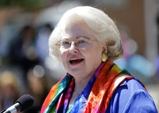 FILE - Attorney Sarah Weddington speaks during a women's rights rally on Tuesday, June 4, 2013, in Albany, N.Y. Weddington, who at 26 successfully argued the landmark abortion rights case Roe v. Wade before the U.S. Supreme Court, died Sunday, Dec. 26, 2021. She was 76. (AP Photo/Mike Groll, File)