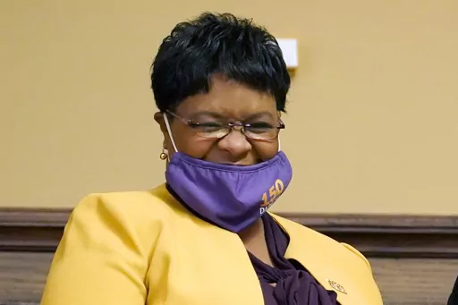 Alcorn State University President Felecia Nave smiles in the House chamber at the Mississippi State Capitol, Tuesday, Feb. 8, 2022, in Jackson, Miss. Nave, who was the first woman to serve as Alcorn State's president, left the job in April 2023, according to the board that governs Mississippi's eight public universities. (AP Photo/Rogelio V. Solis, File)